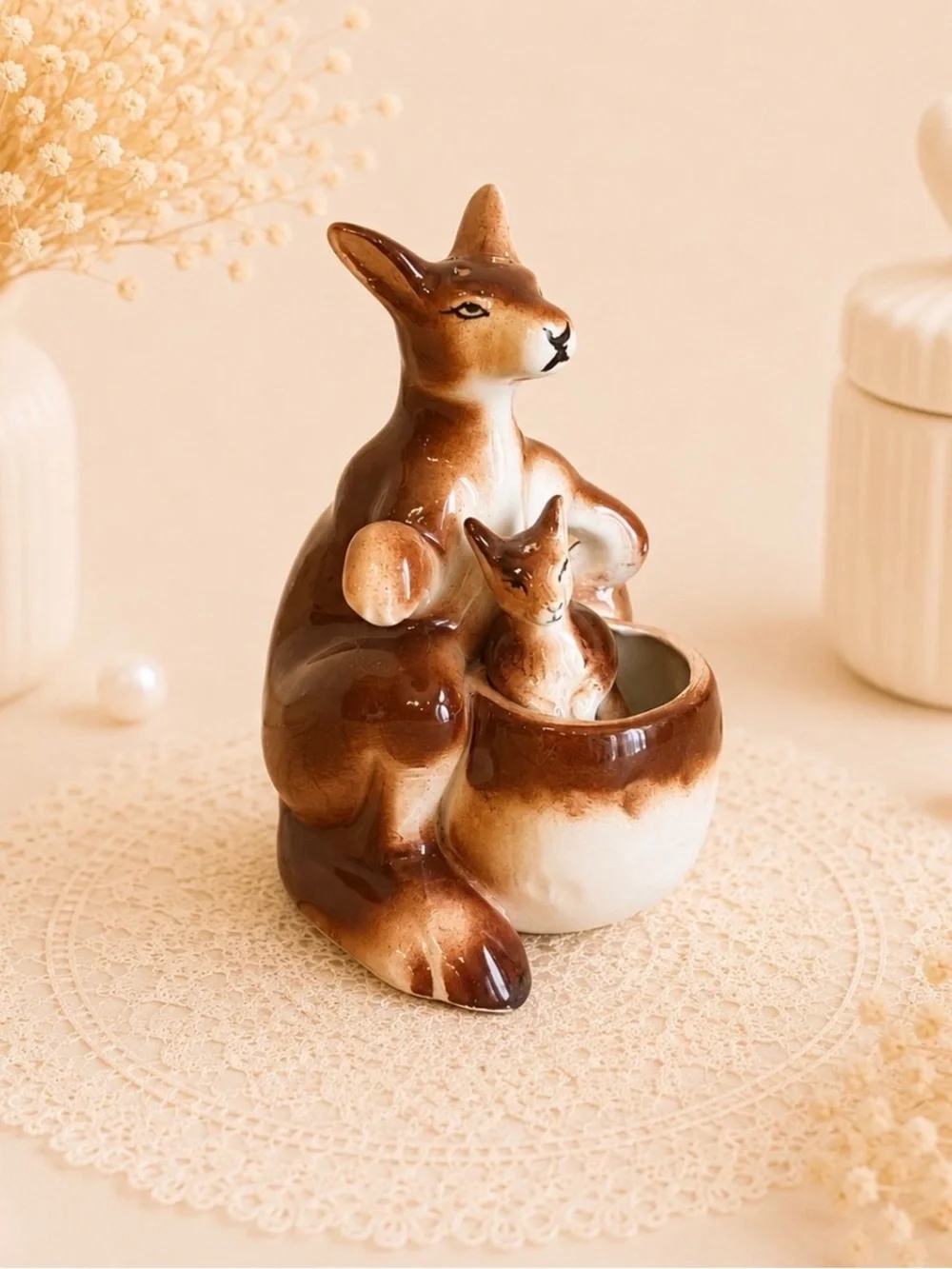 Vintage ceramic kangaroo and joey salt and pepper shaker set